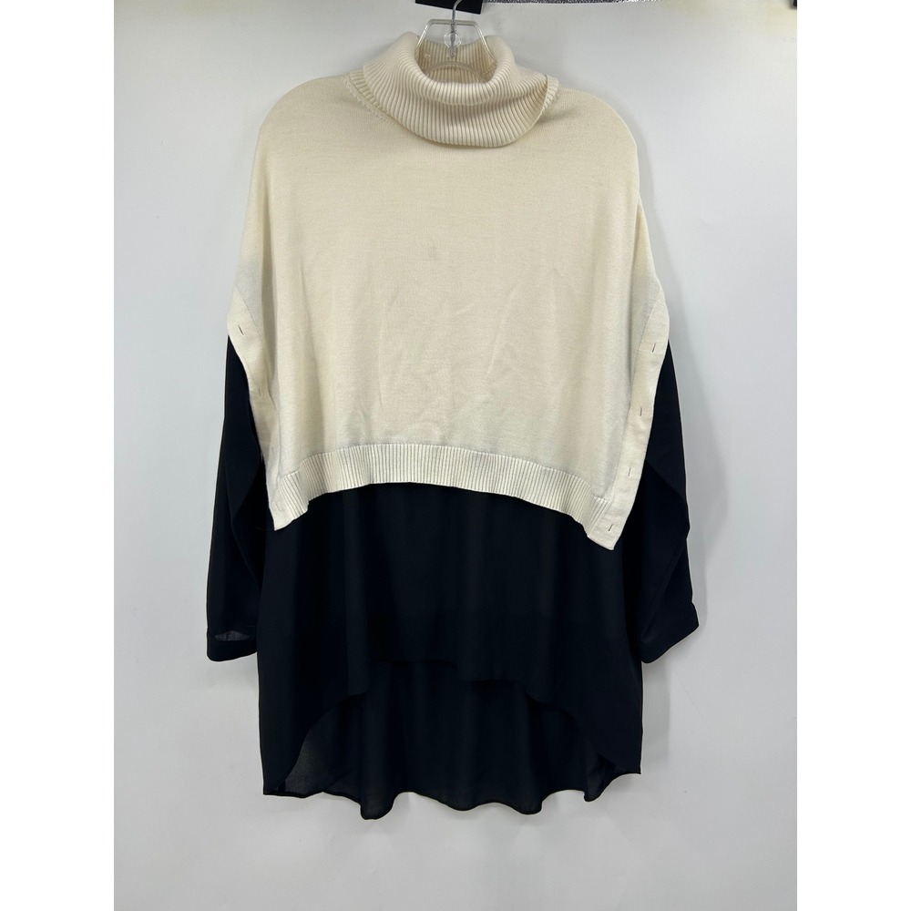 Crea Concept Women Cream Wool Blend Turtleneck Layered Chiffon Tunic Sweater M